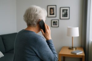 Donna anziana con capelli bianchi al telefono in salotto, vista di spalle vicino a un tavolino con lampada.