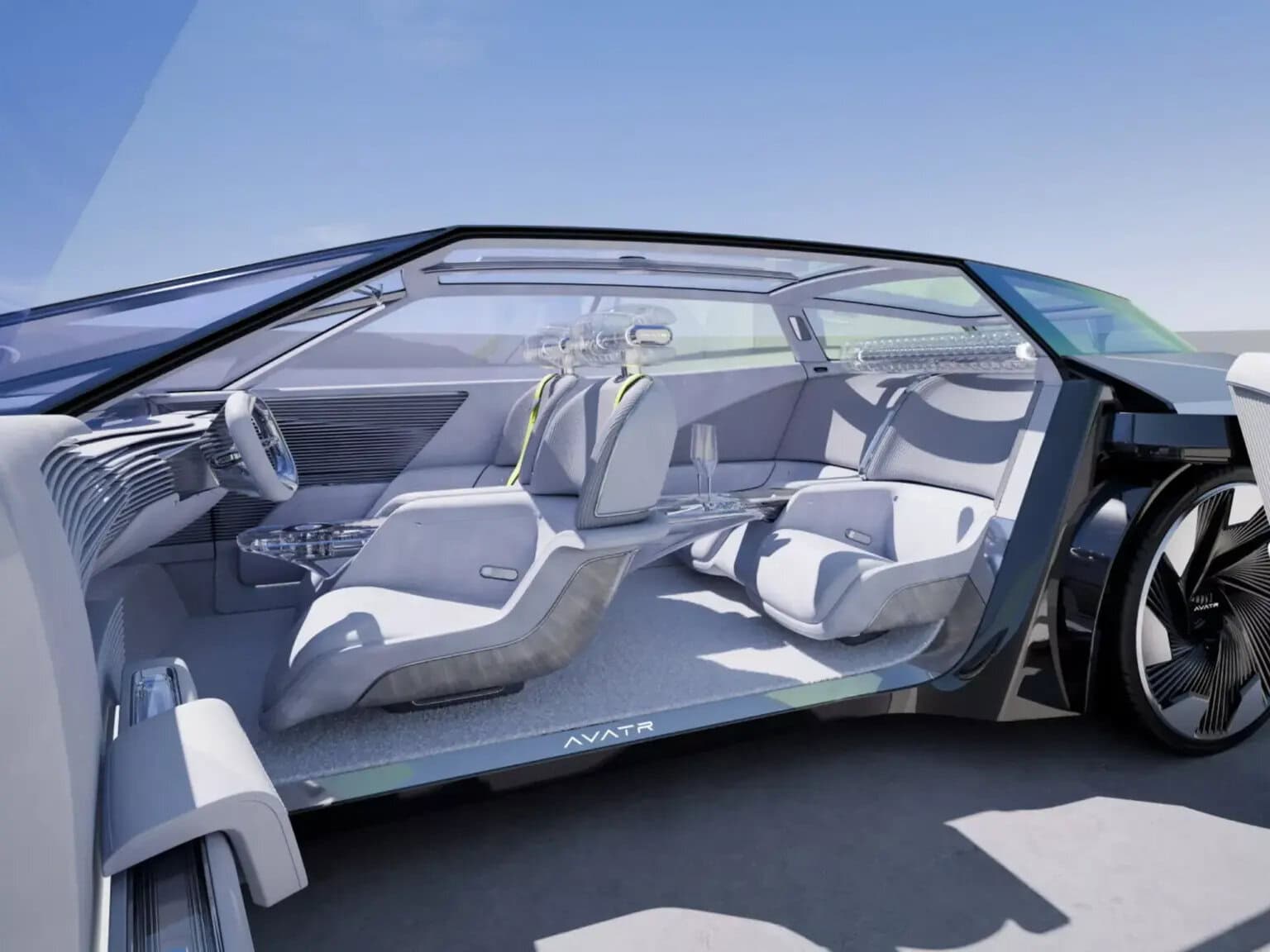 Veicolo futuristico con interni spaziosi e sedili eleganti, progettato per un'esperienza di guida innovativa e di lusso. Arquitetura moderna e tecnologia avanzata per un'automobile del futuro.