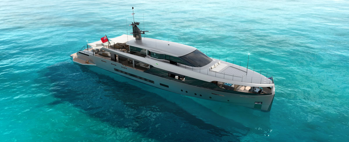 Imbarcazione di lusso a motore in mare aperto, yacht moderno con design elegante e ampi spazi esterni, ideale per crociere esclusive e vacanze in yacht.