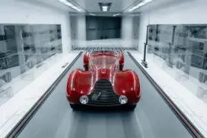 Ferrari vintage in laboratorio di testing in ambienti controllati, continua innovazione nel settore automobilistico.