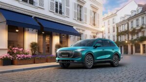 Lepas L8 SUV compatta in centro città con edilizia elegante, accessori moderni e ambiente urbano.