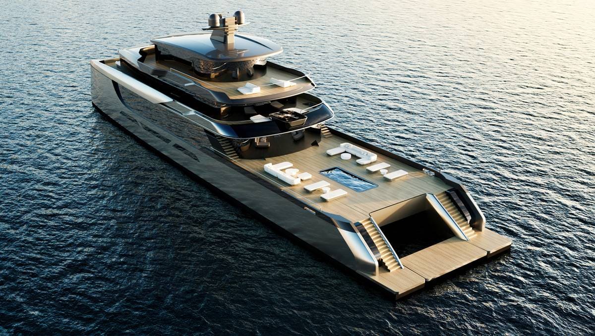 Super yacht di lusso con piscina panoramica e aree lounge all'aperto in mare aperto. Design moderno e elegante, perfetto per crociere di alta classe.