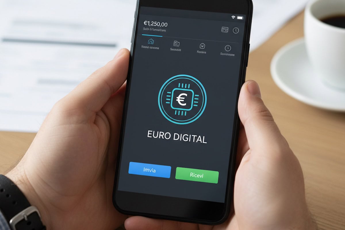 Portafoglio digitale euro su smartphone, pagamento contactless, tecnologia finanziaria, moneta elettronica, app di pagamento mobile, Quotidiano Motori, notizie su economia digitale.
