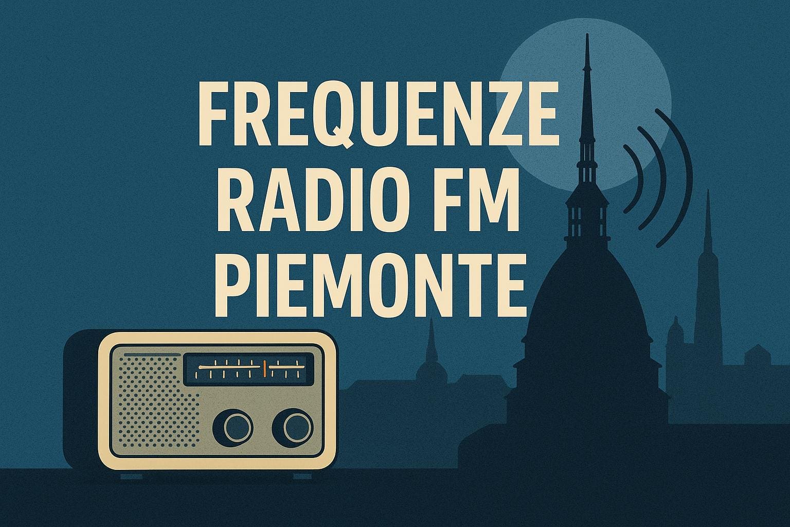 Illustrazione con radio vintage e Mole Antonelliana che trasmette onde radio, accompagnata dal testo “Frequenze radio FM Piemonte” su sfondo blu.