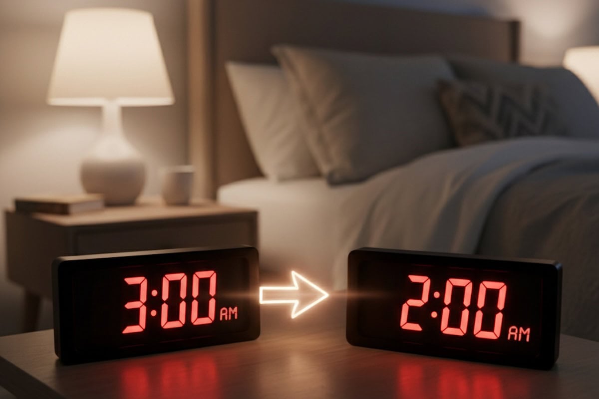 Due sveglie digitali su un comodino mostrano il passaggio dall’ora legale all’ora solare, con una freccia che indica il cambio dalle 3:00 alle 2:00 del mattino in una stanza da letto.