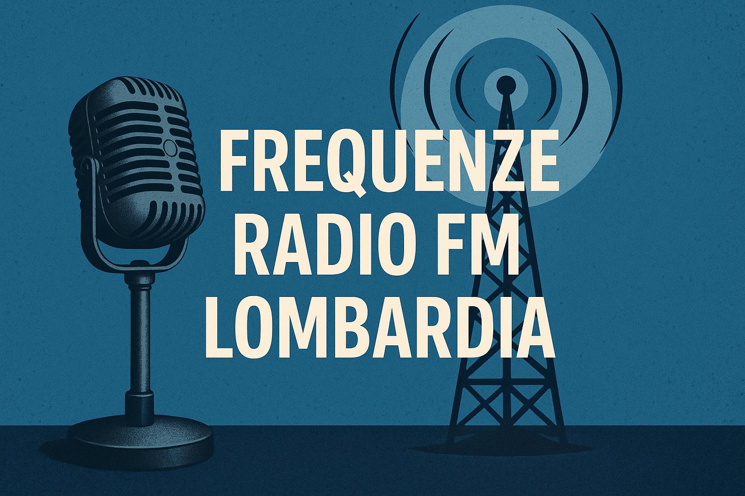 Illustrazione stilizzata con microfono vintage e antenna radio, accompagnata dalla scritta “Frequenze Radio FM Lombardia” su sfondo blu.