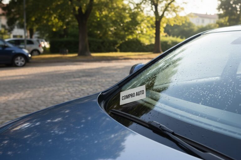 Primo piano del parabrezza di un'auto parcheggiata con un cartello “Compro auto” posizionato dietro il tergicristallo.