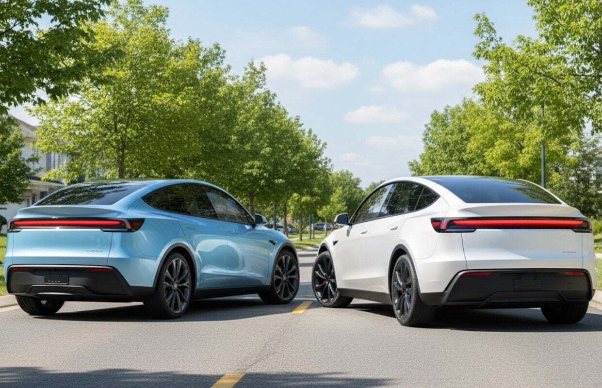 Auto elettriche Porsche Taycan in prova, due modelli azzurro e bianco parcheggiati su strada con alberi verdi e cielo sereno.