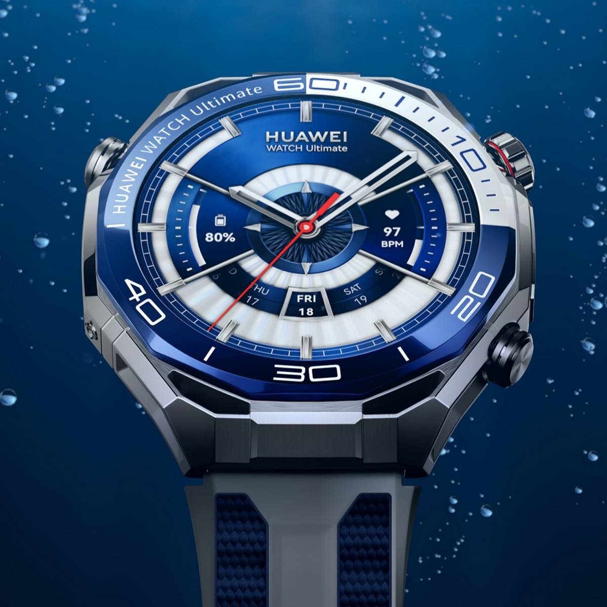 Orologio Huawei Watch Ultimate 2 immerso in acqua, resistente all'acqua, design sportivo e tecnologico.
