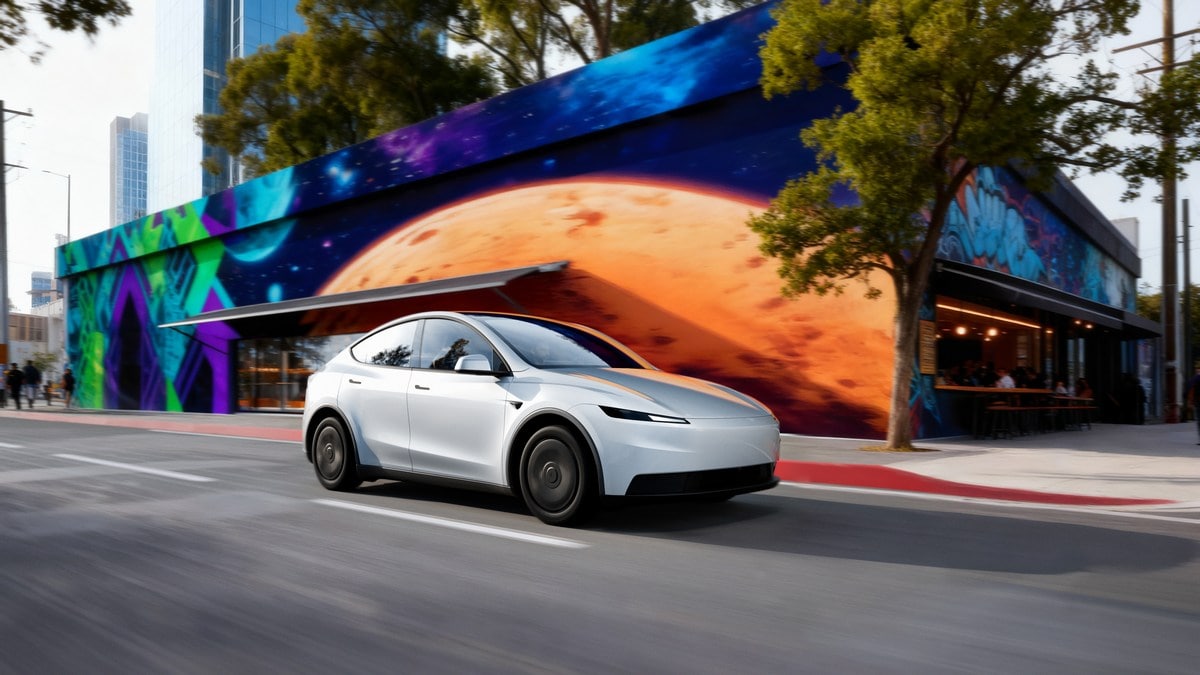 Auto elettrica Tesla Model Y in movimento su strada urbana, sfondo edificio con murale artistico e al tramonto, veicolo sostenibile e innovativo.