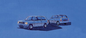 Fiat Panda degli anni '80, vettura compatta e iconica, illustrata in stile artistico con dettagli stilizzati e linee eleganti, su sfondo blu cielo.