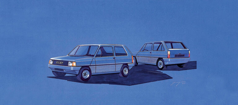 Fiat Panda degli anni '80, vettura compatta e iconica, illustrata in stile artistico con dettagli stilizzati e linee eleganti, su sfondo blu cielo.