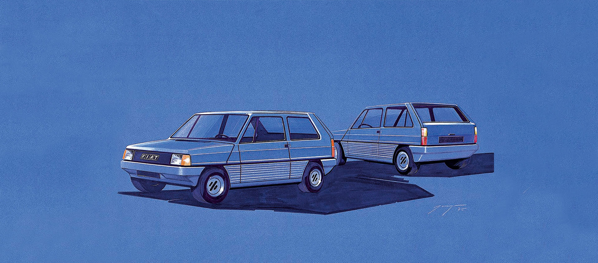 Fiat Panda degli anni '80, vettura compatta e iconica, illustrata in stile artistico con dettagli stilizzati e linee eleganti, su sfondo blu cielo.