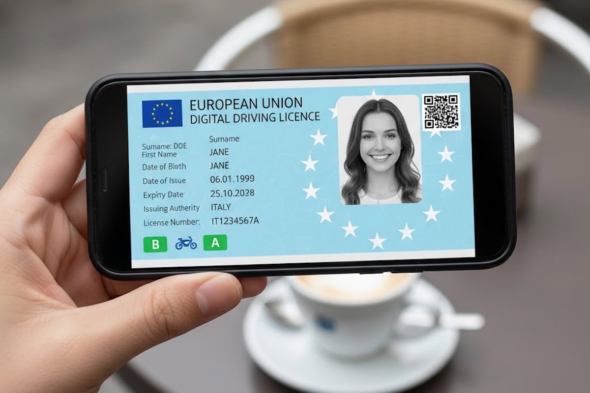 Patente europea guida digitale, documento di plastica con foto e dati personali, certificato di competenza alla guida, licenza di guida elettronica, carta di identità digitale per automobilisti.