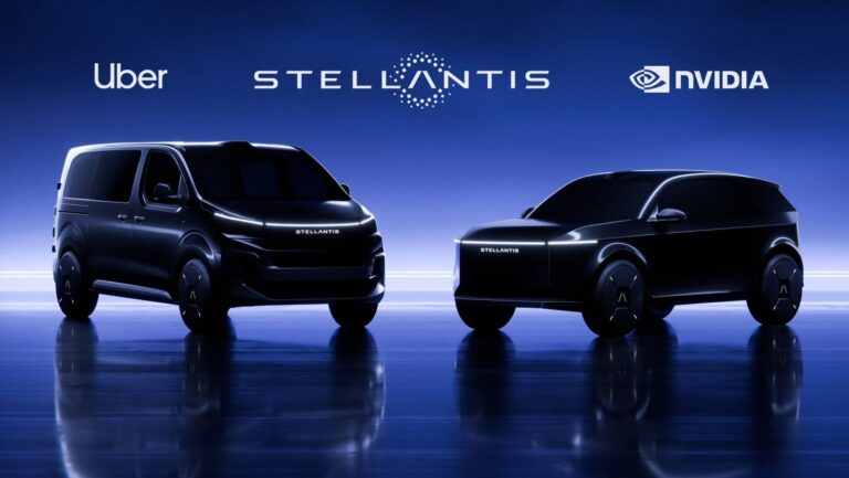 Auto elettrica Stellantis e Nvidia presentata in formazioni futuristiche.