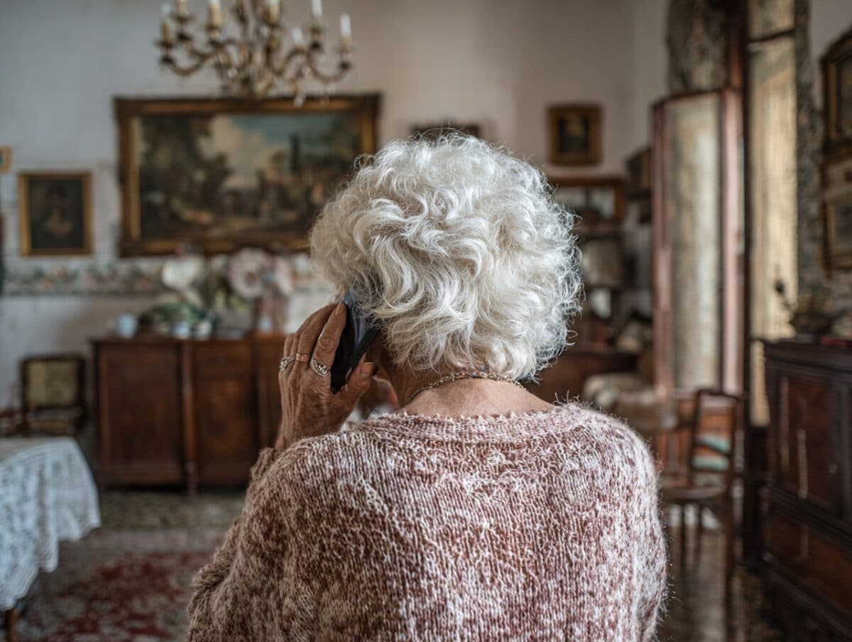 Telefono cellulare vecchia donna over 70 comunicare in casa arredamento classico tradizionale.