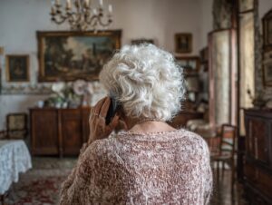 Telefono cellulare vecchia donna over 70 comunicare in casa arredamento classico tradizionale.