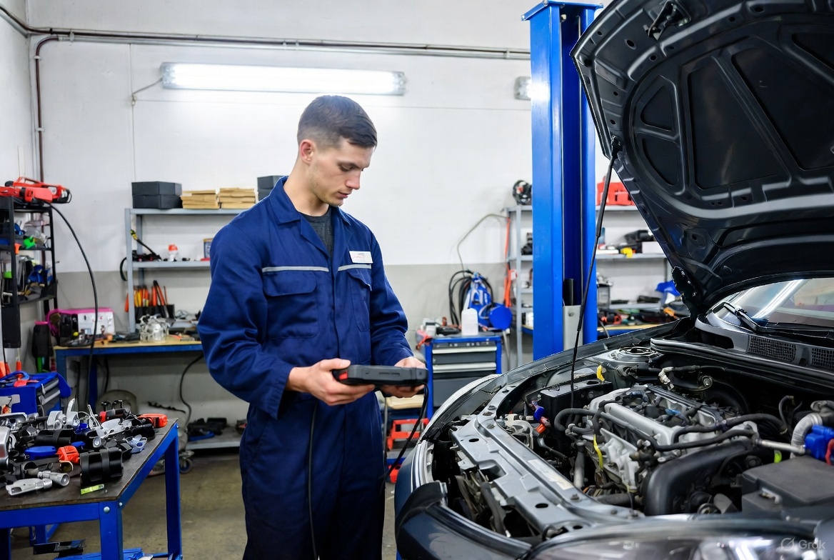 Tecnico automotive che effettua diagnosi con strumento elettronico su motore auto in officina Ricambi auto e riparazioni auto innovative.