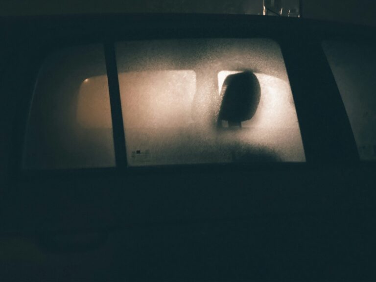 Vetro posteriore dell'auto con condensa e vista del sedile interno, foto notturna.