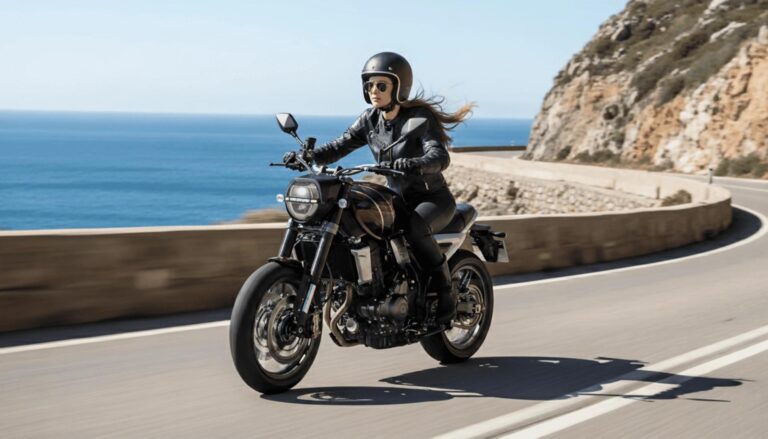 Ragazza su moto elettrica sulla strada costiera al mare, moto moderna, corsa emozionante, turismo mototuristico, libertà su due ruote, motore silenzioso, avventura su strada, passione per le moto.