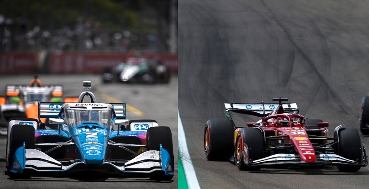 ALT: Due auto da corsa monoposto, una IndyCar blu e l'altra Ferrari F1 rossa, in gara su circuito internazionale, con background di track e condizioni di gara.