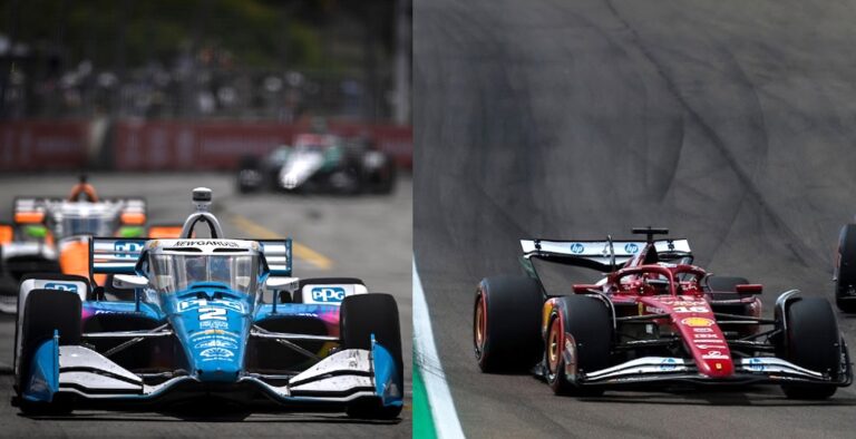 ALT: Due auto da corsa monoposto, una IndyCar blu e l'altra Ferrari F1 rossa, in gara su circuito internazionale, con background di track e condizioni di gara.